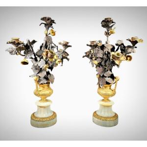Gilt Bronze Vases With Flowers, Probably Italian From The 19th Century