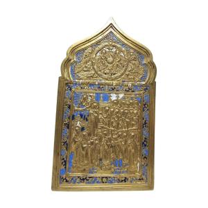 Ancient Orthodox Travel Icon In Enameled Bronze From The 19th Century
