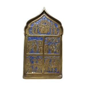 Old Orthodox Travel Icon In Enameled Bronze From The 19th Century