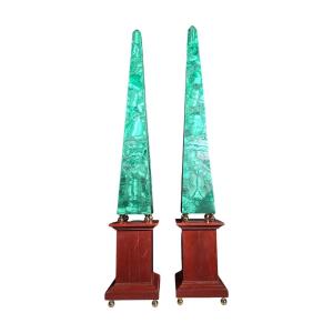 Pair Of Large Malachite Obelisks With Red Jasper Base