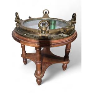 Brass And Glass Side Table With Porthole