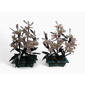  Pair Of 20th Century Bonsai Trees In Agate, Crystal And Nephrite Jade