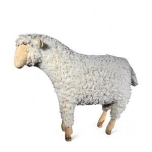 1950s Decorative Wooden Sheep Sculpture With Natural Wool