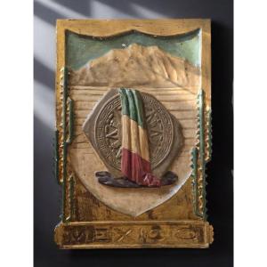 Early 20th Century Mexico Memorial Panel – Solid Wood Carved, Gilded And Polychromed