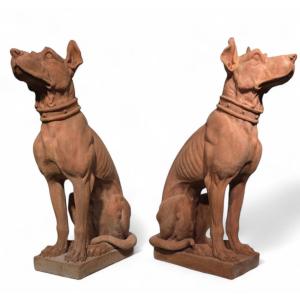 Dog Statues, Early 20th Century, Terracotta, Set Of 2