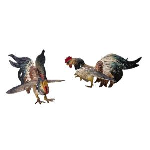 Pair Of Early 1900s Painted Metal Roosters – Antique Decorative Figurines