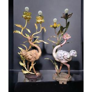 Pair Of Decorative Ostrich Lamps – Hand Painted Brass Early 1900s