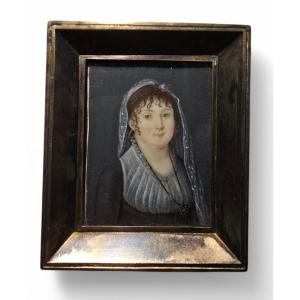 18th Century Miniature Oil Portrait – Lady With Flowered Hairpiece