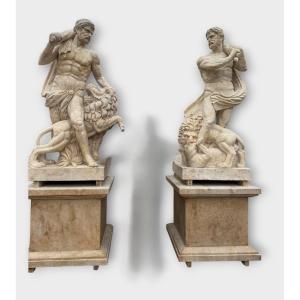 Pair Of Italian Marble Hercules Sculptures – Late 20th Century 280 Cm