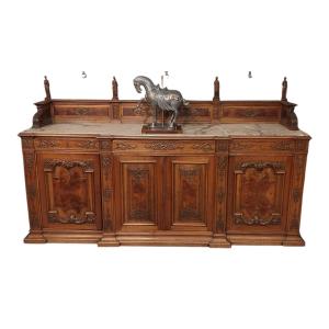 Large French Buffet, 19th Century, Carved Fruitwood And Marble Top