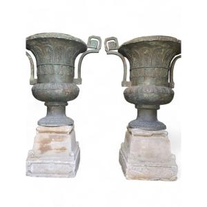 Pair Of Antique Bronze Garden Vases – 19th Century