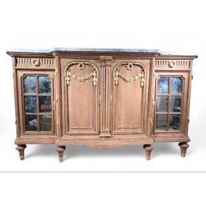 Large Oak Sideboard Decorated With Gilded Bronze And Marble – 19th Century