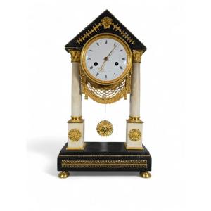 French Portico Clock – Black And White Marble, Gilded Bronze – Early 19th Century
