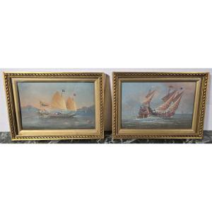 Pair Of Watercolors Of Chinese Boats – 19th Century