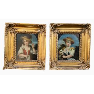 Pair Of Oil Paintings On Panel – Young Shepherdesses – 19th Century