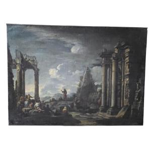 18th Century Italian Oil On Canvas Depicting Roman Ruins And Figures