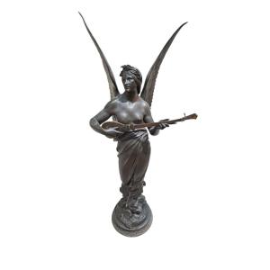 Large Allegory Of Music In Patinated Bronze From The 19th Century, Signed E. Picault