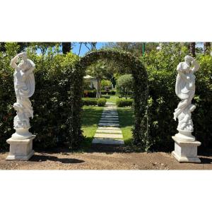 Pair Of Large Hand-carved Carrara Marble Female Sculptures, 230 Cm High