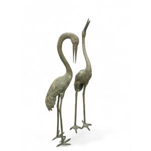 Pair Of Large Patinated Bronze Heron Sculptures, 20th Century, 180 Cm