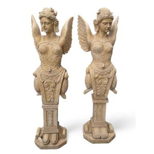 Pair Of Hand-carved Italian Marble Winged Allegorical Figures