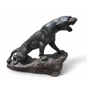 Antique Patinated Bronze Sculpture “panther” By Thomas Cartier (1879–1943)