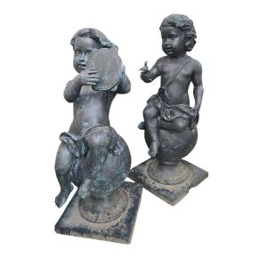 Decorative Group Of Four Musical Cherubs In Bronze For A Garden, 20th Century
