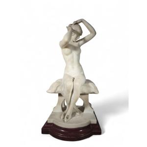 Italian Art Deco Marble Sculpture — “young Woman Combing Her Hair”, Early 20th Century