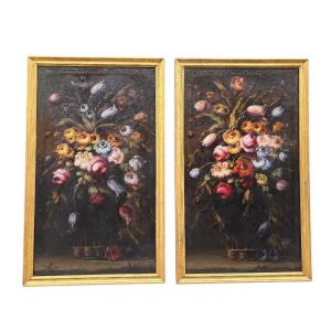 Pair Of Floral Oil Paintings On Canvas, Signed J. Palomar And Dated 1964, Seville.
