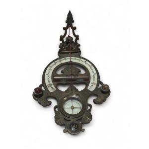 19th-century Chinese Portable Sundial In Engraved And Enameled Bronze
