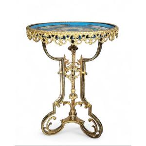 Round Porcelain Side Table In The Sèvres Style, 19th Century, Adorned With Bronze Mounts
