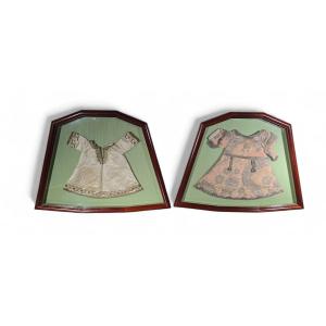 Pair Of Embroidered Garments For The Infant Jesus, 18th Century, Framed