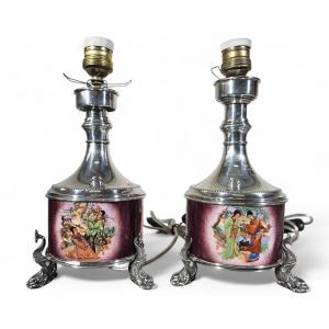 Pair Of Asian Lamps In Solid Silver And Enamel – Early 20th Century