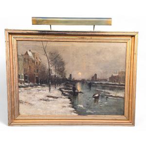Large Dutch Oil On Canvas Depicting A Frozen River Landscape, Circa 1900
