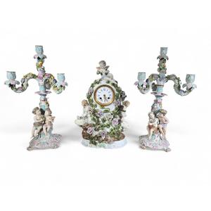 19th Century German Porcelain Clock And Candelabra Set