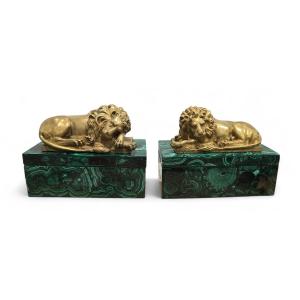 Pair Of 19th-century Malachite Boxes, Decorated With Gilt Bronze Lions
