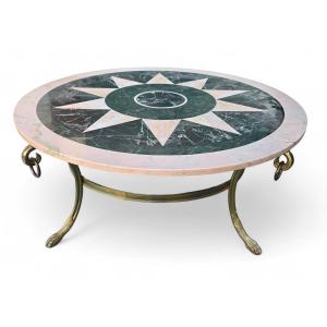 Vintage Italian Coffee Table From The 1950s, With Marble Inlay And Gilt Bronze Base