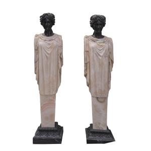 Pair Of Early 20th-century Herms And Bacchus Figures In Belgian Black Marble