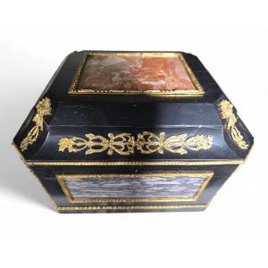 19th-century Italian Box In Ebenezized Wood, Adorned With Marble Plaques And Brocade Mounts