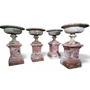 Set Of Four Large 19th-century French Cast Iron Garden Urns With Tin Bases