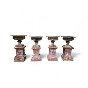 Set Of Four Large 19th-century French Cast Iron Garden Urns With Tin Bases