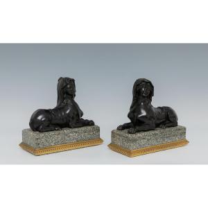 Pair Of French Sphinxes In Patinated Bronze And Gilt Bronze On Granite Bases, Circa 1880