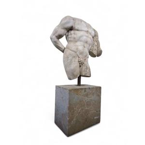Male Torso Sculpted In White Italian Marble, Inspired By Greco-roman Art, 1950s