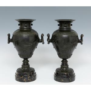 Pair Of 19th-century Patinated Bronze Urns On Portoro Marble Bases, Signed H. Luppe