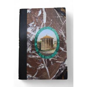 A 19th-century Italian Marble Book Adorned With A Micromosaic Plaque Depicting A Temple