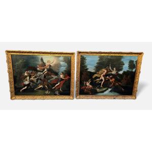 Pair Of Oil Paintings On Canvas, Italian Mythological Style, 18th Century, Framed