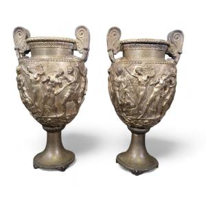 Pair Of 19th-century French Patinated Bronze Vases, Decorated With Greek Mythological Reliefs