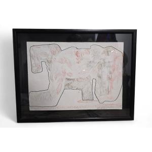 French Conceptual Drawing In Mixed Media With Text, 20th Century