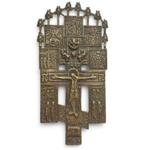 19th-century Russian Orthodox Cross In Cast Bronze, Decorated With Raised Slavonic Inscriptions