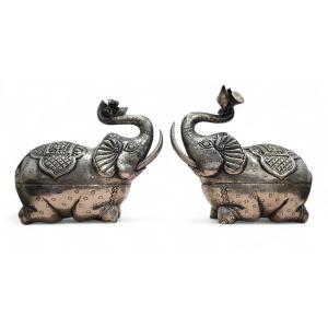 Pair Of Solid Silver Elephant Boxes, Floral Design, India, 19th Century