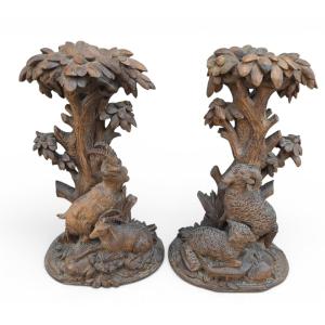 Pair Of Black Forest Carved Wooden Hunting Candlesticks